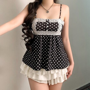 Dot-printed A-style halter top甜美复古千禧辣妹撞色背心上衣女