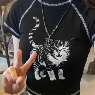 color 复古街头正肩小猫印花短袖 round top美式 T恤 neck Contrast