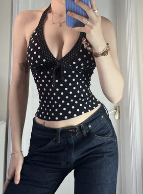 夏季黑色波点露背V领吊带 Black Polka Dot Backless V-Neck Cami