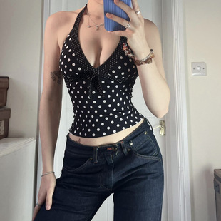 Polka Dot Backless 夏季 Neck Black Cami 黑色波点露背V领吊带