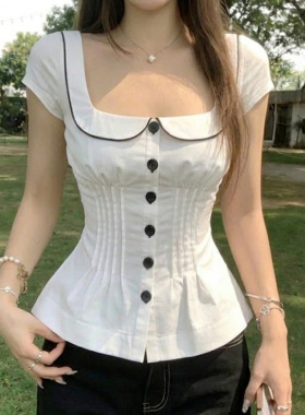 Daily casual versatile hot girl top美式学院风娃娃领减龄衬衫