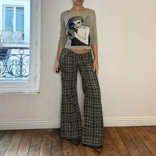 Low Patchwork Rise Wide Pants 秋格纹拼接低腰阔腿裤 Leg Plaid