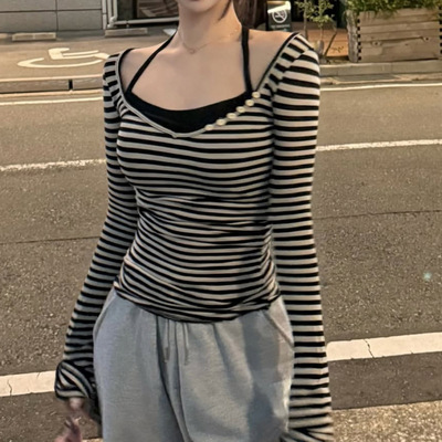 秋季新品条纹挂脖系带V领假两件