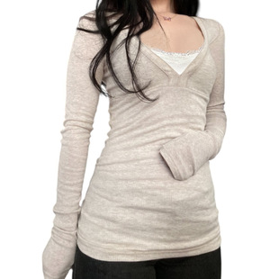 Lace Neck Cinched Layered Tee 蕾丝收腰假两件长袖 Long