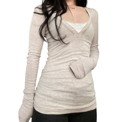 ins风初秋温柔风女装V领蕾丝拼接