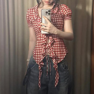Plaid Ruffle Tie 木耳边系带泡泡袖 Sleeve Red Bubble Tee T恤
