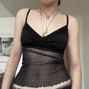 Dot Neck Backless Cami Mesh 欧美风波点露背网纱V领吊带Polka