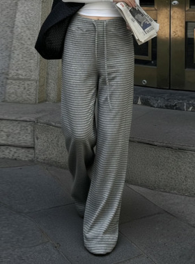 条纹系带高腰阔腿裤 Stripe Patchwork Tie Rise Wide Leg Pants