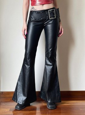 铆钉黑色金属扣微喇皮裤 Rivet Black Metal Buckle Flare Pants