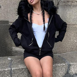 卫衣 Zip Faux Hooded Sweatshirt Fur 2026毛领连帽拉链拼接开衫