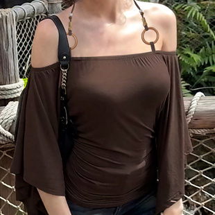 color slim 一字肩木珠修身 sleeve T恤 shirt新款 solid Bat fit