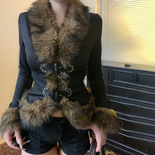 外套 Buckle Faux Patchwork Cardigan Fur 秋冬毛毛拼接皮扣开衫