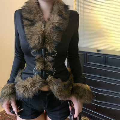 欧美辣妹小众千禧风毛毛拼接皮扣