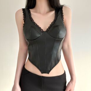 Lace Halter Leather Neck Cami 束腰蕾丝皮革V领吊带背心