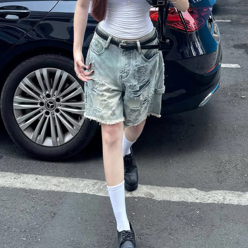 美式高街辣妹破洞设计五分牛仔短