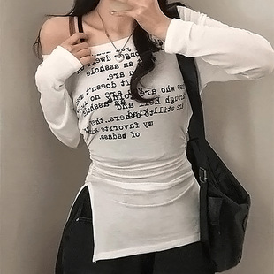 纯欲辣妹秋季 Shoulder 字母印花斜肩T恤Letter Off Tee Print 美式