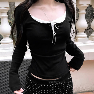 T恤 Layered Korean Patchwork Top Lace 韩系蕾丝拼接假两件长袖