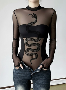 2026辣妹植绒秋季蛇纹网纱连体衣 Snake Print Mesh Bodysuit