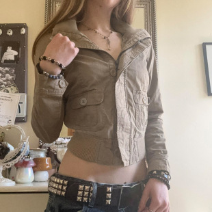 Solid Collar Pocket Spread Jacket Zip 秋纯色口袋拉链翻领外套