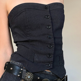 Stripe Cinched Corset Shoulder Top Off 条纹抹胸露肩收腰上衣