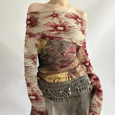 植物系印花复古网纱拼接一字肩短