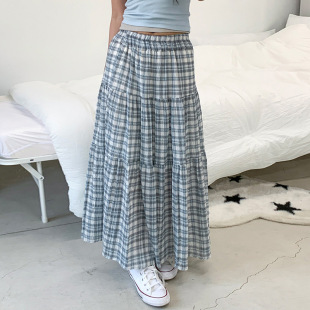Elastic Waist 蓝色格纹A字长裙 Maxi Plaid Line Skirt Blue