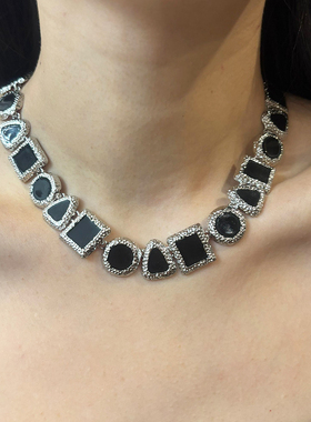 宫廷风中古黑色几何方块拼接项链复古金属风时髦高级冷淡风锁骨链