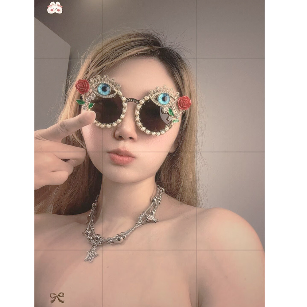 个性镶钻花朵珍珠太阳镜女时尚茶色恶魔之眼墨镜网红大框遮阳镜