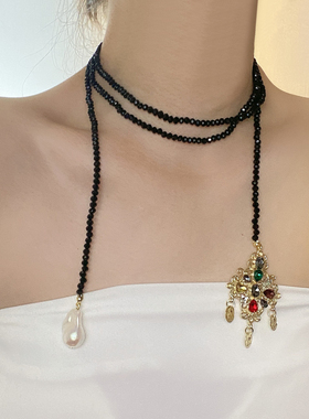 金属串珠女黑色晶石项链锁骨链