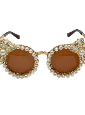 2025茶色圆形墨镜女复古镶钻珍珠蝴蝶结太阳镜个性设计时尚眼镜