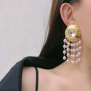 欧美夸张复古多层珍珠流苏耳环个性重工耳夹金属大号圆形闪钻耳钉