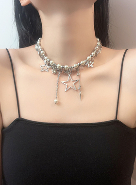 轻奢小众多层叠戴镶珍珠星星流苏锁骨链气质个性辣妹项链配饰女