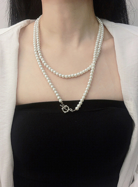 小众设计黑色OT扣复古轻奢气质珍珠流苏叠戴项链长款旗袍毛衣链