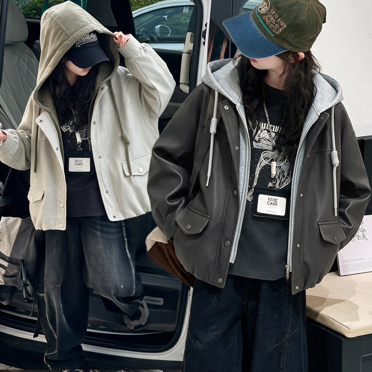 女童休闲风连帽拉链夹克PU外套2026新款女孩皮衣百搭洋气初春防风