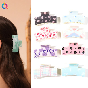 奇阅新款 情人节UV印方形抓夹爱心甜美盘发发夹百搭鲨鱼夹发饰批发