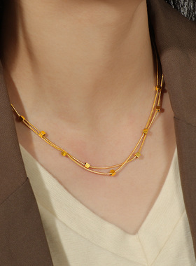 新款钛钢金色双层项链女轻奢锁骨