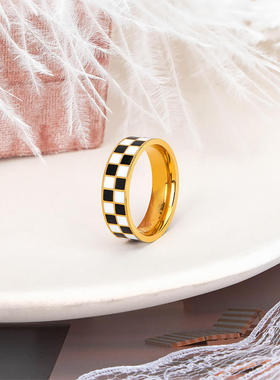 2021年新款欧美经典黑白方格戒指女小众棋盘格钛钢不掉色食指指环