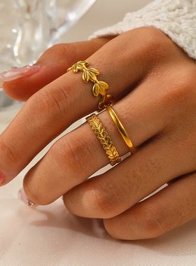 欧美清新叶子戒指女轻奢镀K金