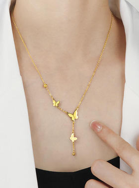 中国风蝴蝶流苏项18K金钛钢ins风新款锁骨项链生日礼物情人节项