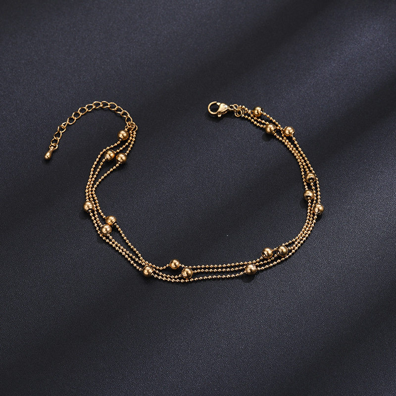 新款时尚三层定位珠链钛钢脚链女玫瑰金饰品简约多层不锈钢脚环