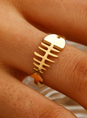 不锈钢镀18K金鱼骨戒指