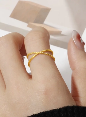 冷淡风简约麻花素圈交叉双环戒指