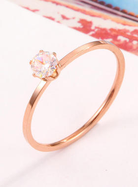 新款简约极细六爪单钻石戒指 镶钻玫瑰金钛钢戒指女饰品