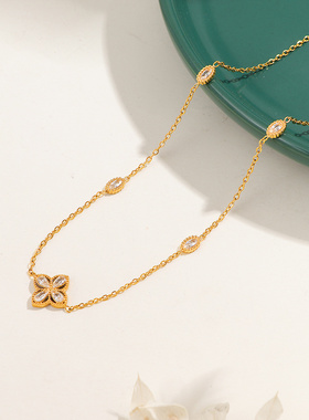 日韩ins风钛钢白钻四叶草项链