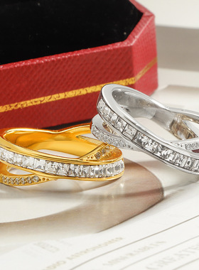 高级感CNC微镶锆石超闪银色方钻交叉镶钻戒指小众设计食指戒指女