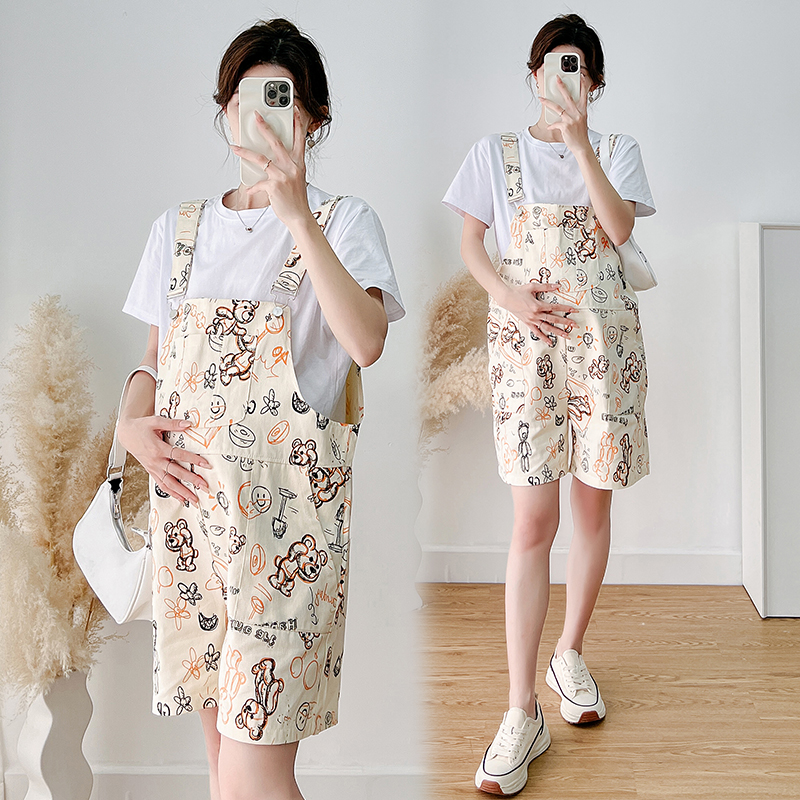 孕妇装背带裤夏季套装新款卡通宽松显瘦减龄阔腿时尚薄款韩版短裤