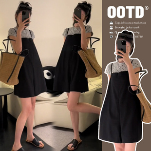 孕妇装夏装新款减龄俏皮背带裤宽松小个子短袖波点上衣夏季两件套