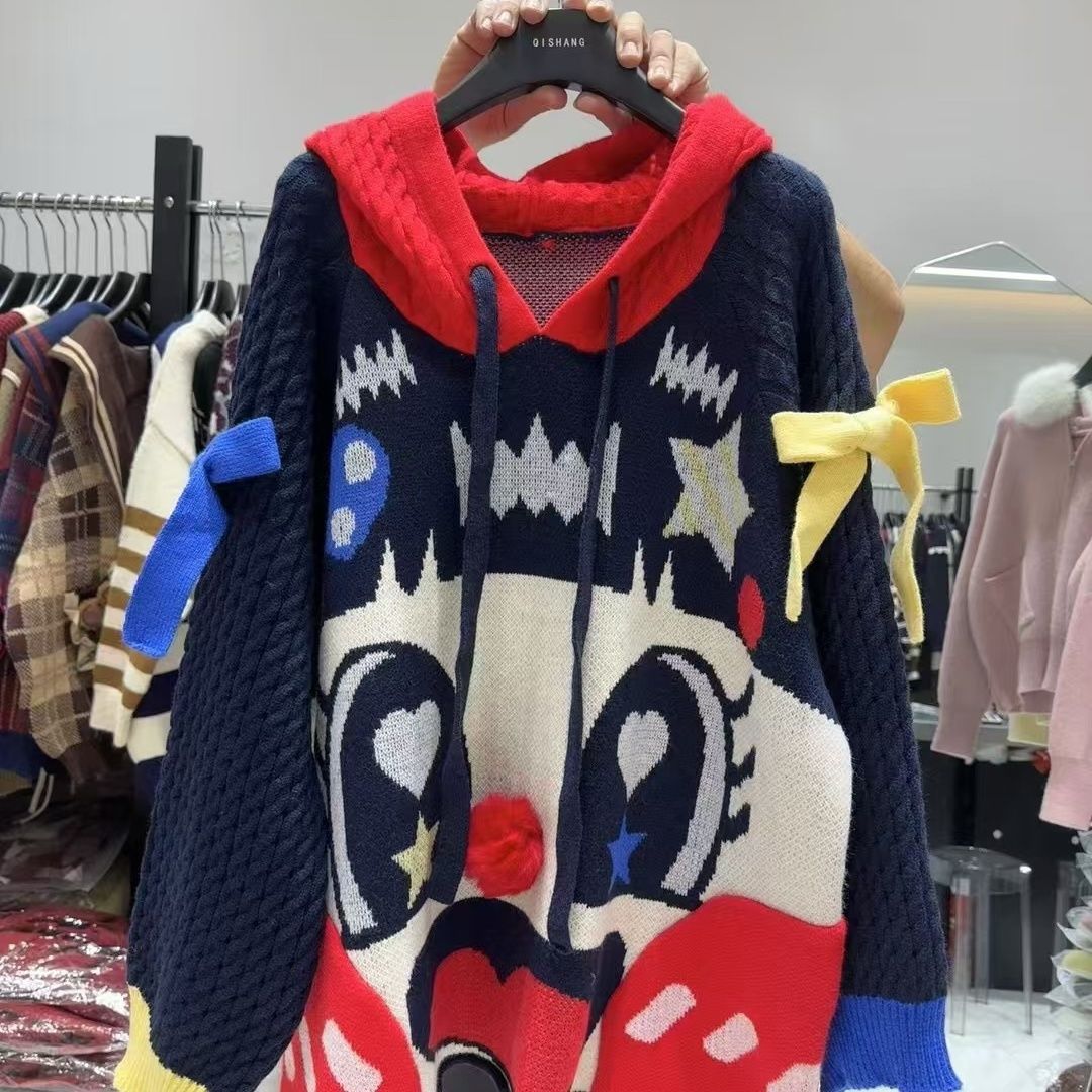 新年款圣诞可爱卡通大版宽松慵懒风加厚毛衣外套撞色中长款针织衫