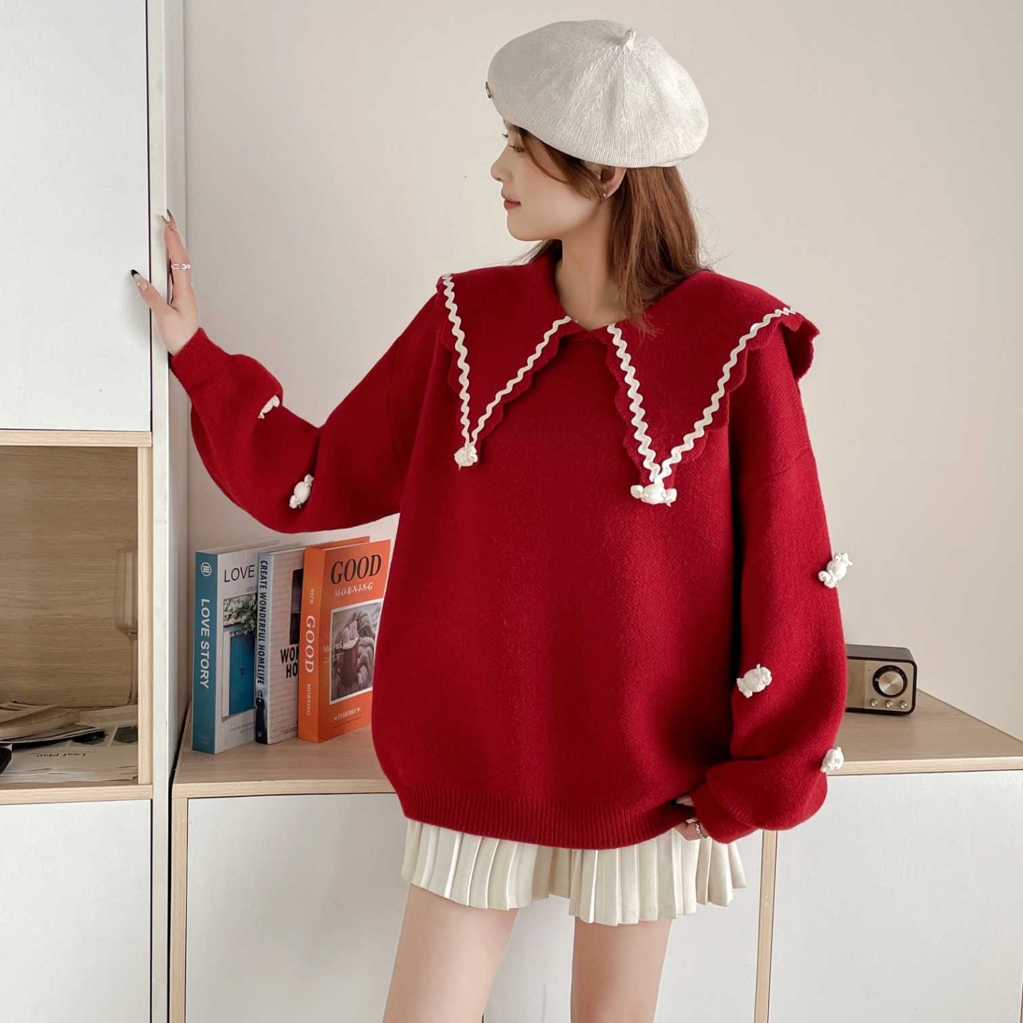 蕾丝边娃娃领软糯毛衣女2025年秋冬新款慵懒风纯色套头针织衫上衣