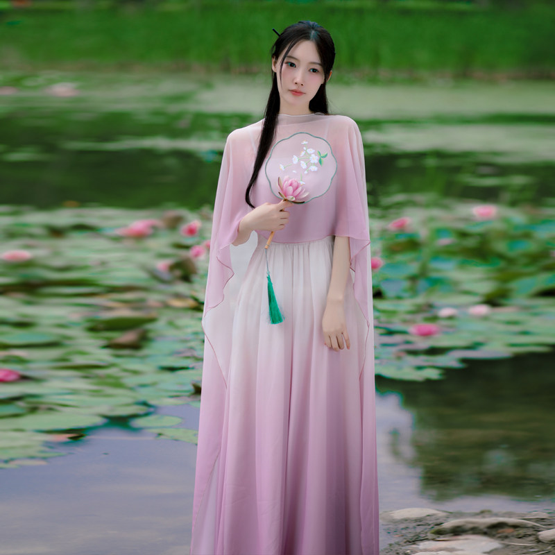 新中式女装国风裙晕染斗篷披肩吊带长裙收腰小众设计感仙气连衣裙